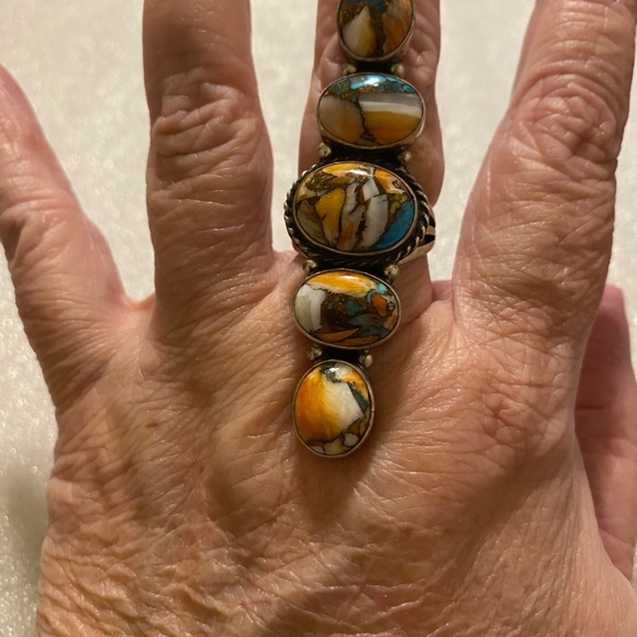 Dramatic 5 Stone Sterling Ring - Orange Spiny - Kingman - Size 9 - Picture 4 of 15